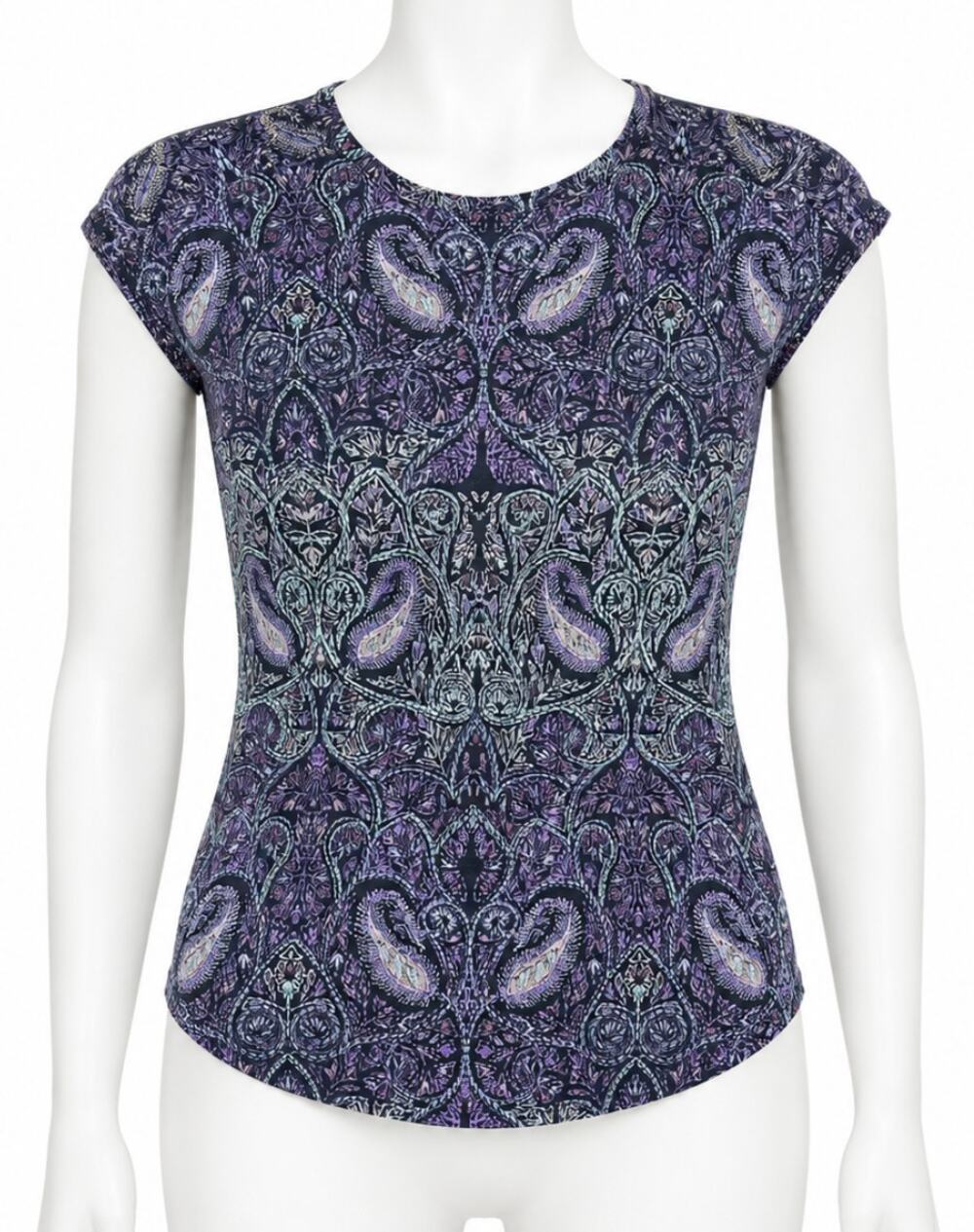 Lucky Brand Top S Purple Black Paisley Boho Short Sleeve Cotton Modal Hippie